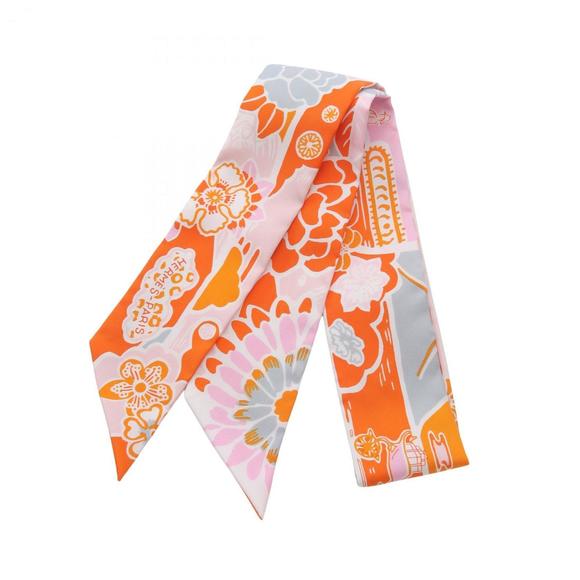 Hermes Hermès Twilly Bingata Silk Scarf for Women, Orange, Pink, Multicolor - Picture 1 of 4